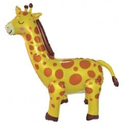Yellow giraffe-shaped balloon with brown spots and a smiling face, standing upright on a white background.