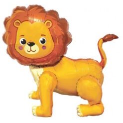 Cheerful orange lion inflatable balloon standing on four legs with a brown mane and cute facial features.