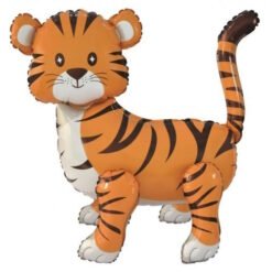 Orange tiger inflatable balloon with black stripes and white belly, a playful party decoration.