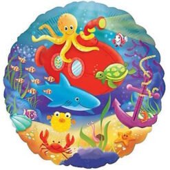 Colorful underwater scene featuring a red submarine with a yellow octopus on top and smiling sea creatures around it.