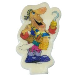 Cartoon pirate dog with hook hand, treasure chest, and sword on a white background.