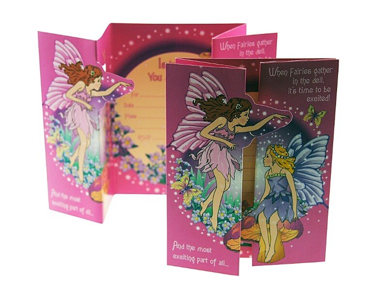 Pop-up greeting card featuring two colorful fairy illustrations on pink and purple panels, with text on the panels about fairies.