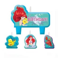 Colorful birthday banner with Ariel and friends, plus four character toppers (Ariel, Flounder, Sebastian) around a blue mailbox-shaped sign.