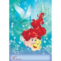 Ariel the mermaid hugs Flounder underwater, with bubbles and a distant castle, and a space for a name at the bottom.