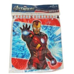 Avengers birthday banner featuring Iron Man with a bright blue and red background and 'Happy Birthday' lettering.