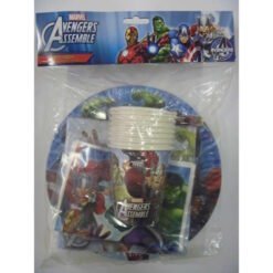 Avengers-themed party supplies in plastic package: plates, cups, and napkins with Marvel superhero artwork.