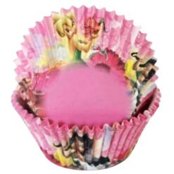 Pink cake pop in a Disney princess-themed pink wrapper with frilled edges.