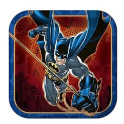 Batman in a blue-gray suit swinging with a grappling hook against a red city background, framed by a rounded blue app icon edge.
