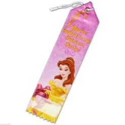 Pink princess party invitation tag featuring a Belle-like princess and a space to write the guest's name; text reads 'You're invited to my Princess Party!'