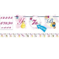 Decorative princess-themed birthday banner with pink and blue lettering, featuring cartoon characters and a panel to add the age.