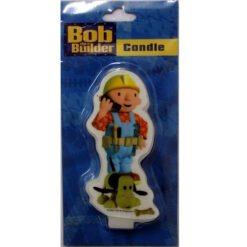 Bob the Builder candle shape featuring a construction worker figure in blue overalls and yellow hard hat with a small dog on the base, in packaging