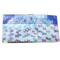 Packaged foil butterflies and dragonflies ceiling decoration with a blue background and colorful butterfly silhouettes, shown on the label