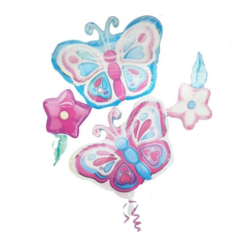 Watercolor illustration of pink and blue butterflies with flowers, likely decorative party decor for children.