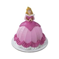 Round cake dressed as a pink princess gown with ruffled white trim and a princess figurine on top.