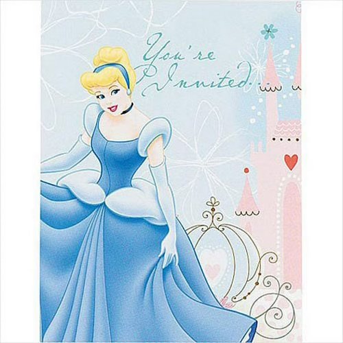 Illustrated invitation card featuring Cinderella in a blue gown with a pink castle, and the text 'You're invited'.