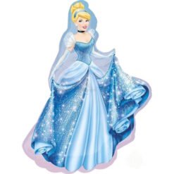 Illustration of Cinderella in a sparkling blue ball gown with flowing cape-like sleeves