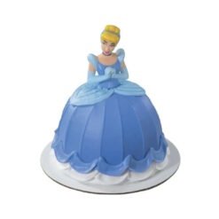 Cinderella-inspired princess figurine in a blue gown atop a white cake base.