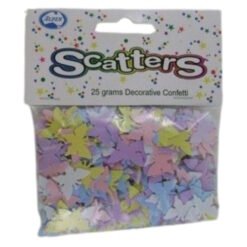 Bag of pastel-colored star-shaped confetti (25 g) labeled 'Scatters' decorative confetti on a dotted packaging