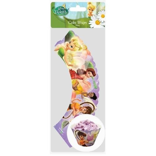Cake wrap featuring Disney Fairies princesses along a curved strip with a cupcake illustration at the bottom.