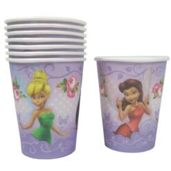 Stack of purple disposable cups featuring Disney princesses Cinderella (green dress) and Belle (pink dress) with floral patterns.