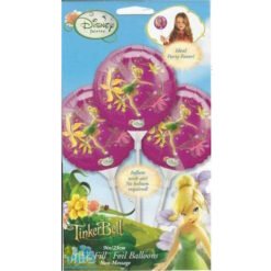 Package for Disney Fairies Tinker Bell foil balloons, pink balloons with Tinker Bell and branding on blue packaging.