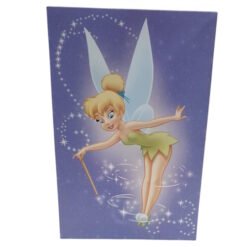 Tinker Bell in a green dress with wings, flying and sprinkling pixie dust against a purple starry background.