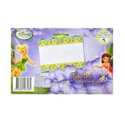 Package for a Tinker Bell Great Fairy Rescue table cover, featuring two Disney fairies on a purple background with a white central panel.