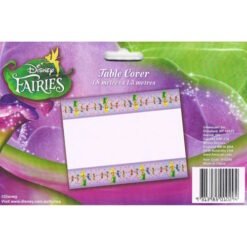Packaging for a Disney Fairies table cover, purple background with sparkling stars and a central white area framed by fairy border; measures 1.8m x 1.3m.