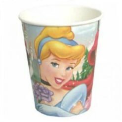 Disposable paper cup with a Cinderella illustration in a blue dress, set against a festive background with flowers and a castle motif.