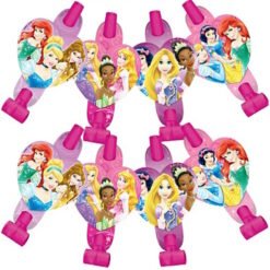Pack of pink elastic hair ties with round charms featuring Disney princesses, repeated pattern.