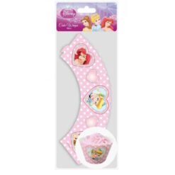 Disney Princess cake wrap with pink polka dots and heart frames featuring Ariel, Belle, and Cinderella (cake decorating accessory).