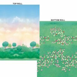 Two overlapping panels: a pastel hillside landscape with trees on the left, and a green field with pink flowers on the right.