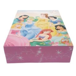 Disney princess gift box with characters like Ariel, Belle, and Cinderella on the lid; pink starry sides show on the box edges.