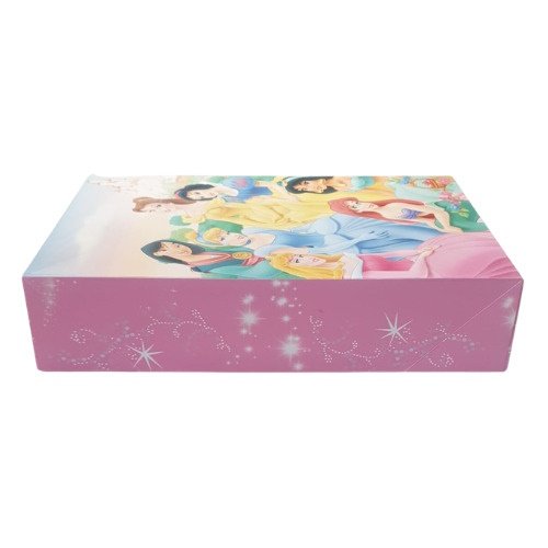 Rectangular pink toy box with a colorful princess illustration on the lid and starry side pattern.