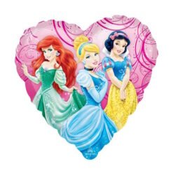 Three Disney princesses Ariel, Cinderella and Snow White posing together inside a pink heart-shaped background.