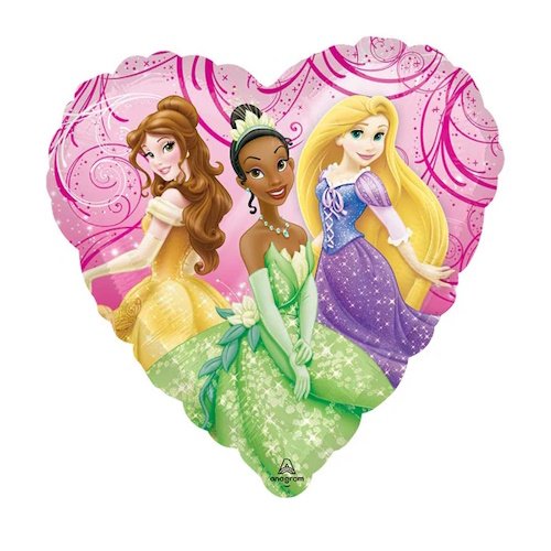 Heart-shaped balloon featuring Disney princesses Belle, Tiana, and Rapunzel against a pink swirly background.