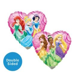 Two pink heart-shaped balloons printed with Disney princesses; blue 'Double Sided' label visible.