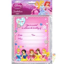 Package of Disney Princess invitations; pink birthday invite with spaces for date, time, place and RSVP, decorated with princesses and hearts (8-pack).