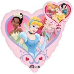 Heart-shaped pink balloon featuring Disney princesses (Cinderella in blue center, Tiana left, Aurora/Belle group on the back) with decorative hearts and roses