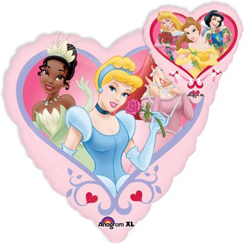 Heart-shaped pink balloon featuring Disney princesses (Cinderella in blue center, Tiana left, Aurora/Belle group on the back) with decorative hearts and roses