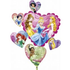 Heart-shaped balloons printed with Disney princesses in a bouquet.