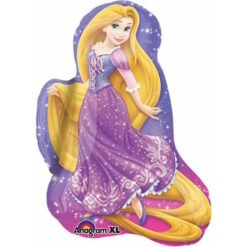 Rapunzel from Tangled in a sparkling purple dress with long blonde hair, on a starry purple balloon background.