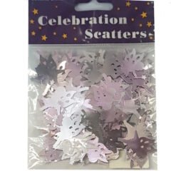 Bag labeled Celebration Scatters containing purple and silver confetti shapes for parties.