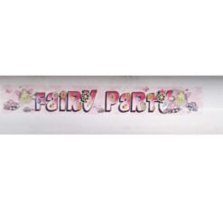 Pink party banner reading 'Fairy Party' with flower decorations along the edges, suitable for a children's event.