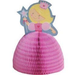 Pink paper honeycomb party topper featuring a smiling princess with a wand and crown
