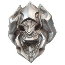 Shiny metallic mask with angular, geometric facets and hollow eye openings, resembling a futuristic helmet or sculpture edge-to-edge design.