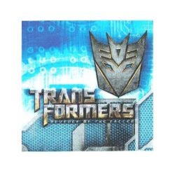 Transformers logo and silver emblem on a blue, tech-themed background, resembling cover art.