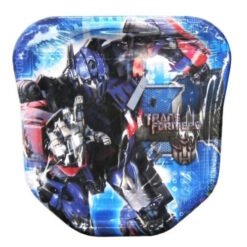 Glossy shield-shaped plate featuring a blue-red Transformer in action, with the Transformers logo.
