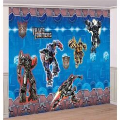 Blue Transformers-themed wall mural with several robot action figures in dynamic poses for a kids' room decoration