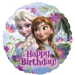 Round foil birthday balloon featuring Elsa and Anna from Frozen with a floral background and 'Happy Birthday!' message